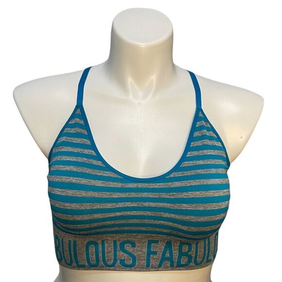 FABULOUS GRAPHIC RACERBACK‎ SPORTS BRA GRAY TURQUOISE STRIPED|L-XL - Picture 1 of 4